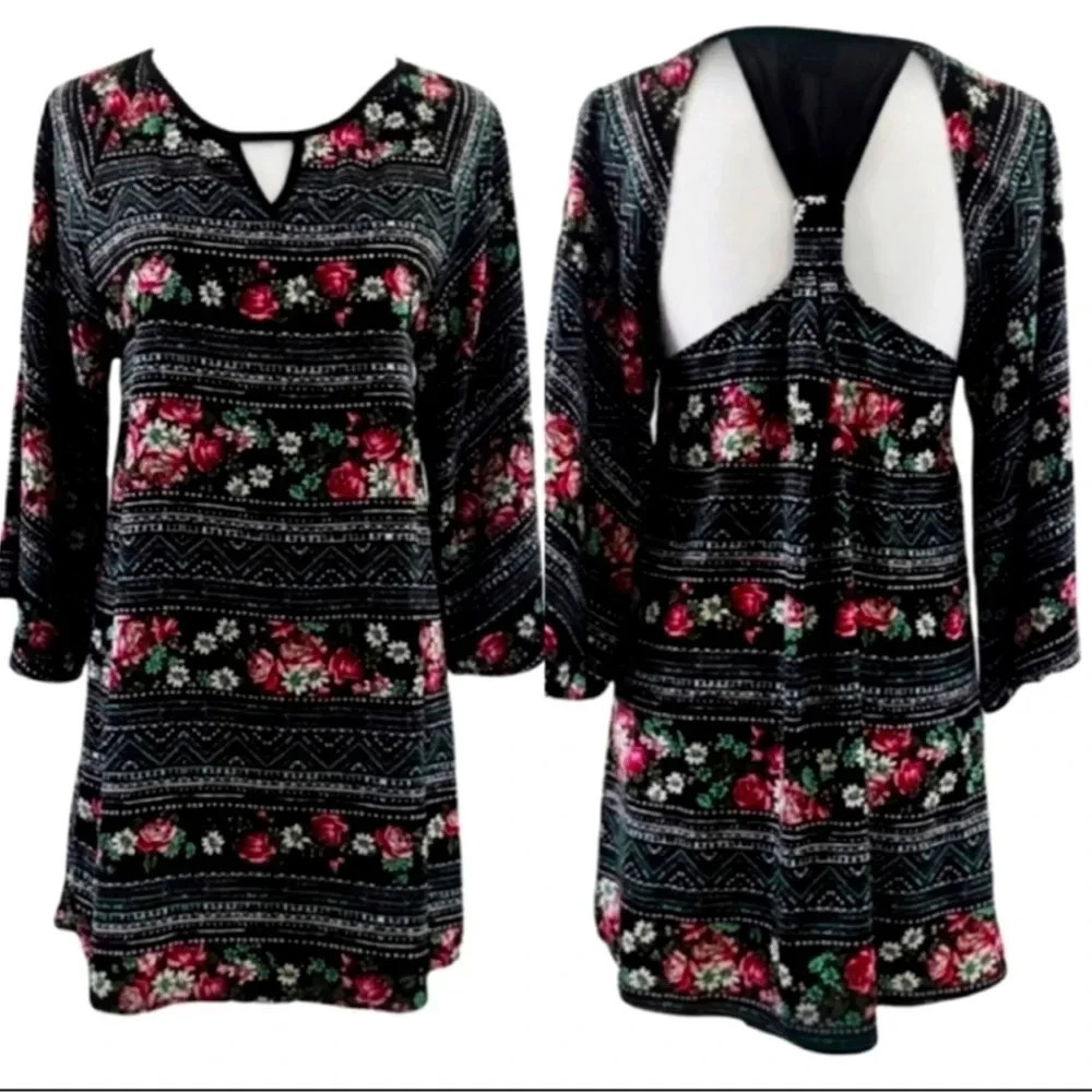 Paper Crane Black Floral Long Sleeve Racer Back Mini Shift Dress Size L - Picture 2 of 7